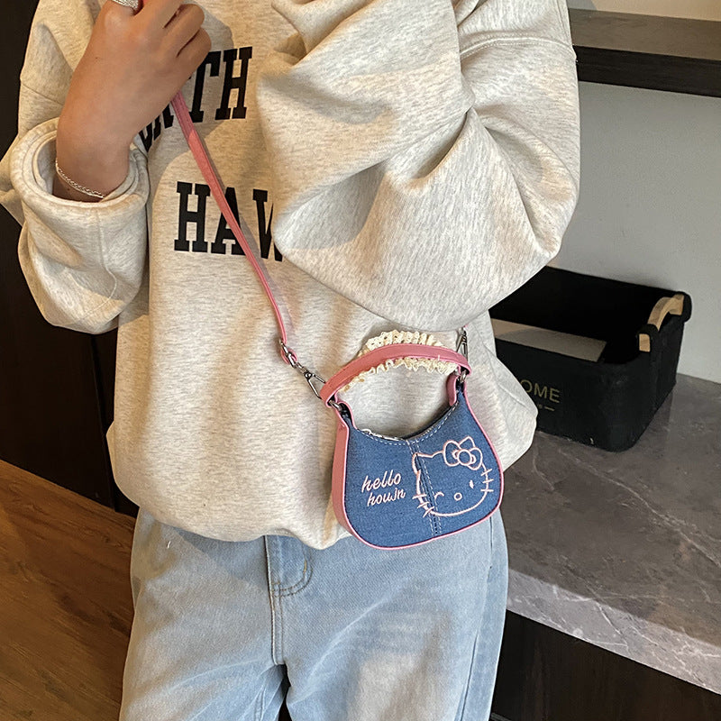 Children's Bag New Cartoon Cute Kitten Embroidered Mini Armpit Bag Girls Parent-Child Lace Hand-Held Crossbody Bag