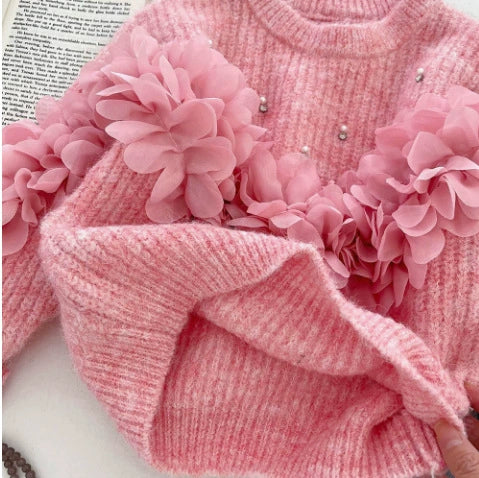 Korean Style Girls' Sweater Set Autumn 2026 Three-Dimensional Floral Knit Sweater and Flared Jeans Two-Piece Trendy Set