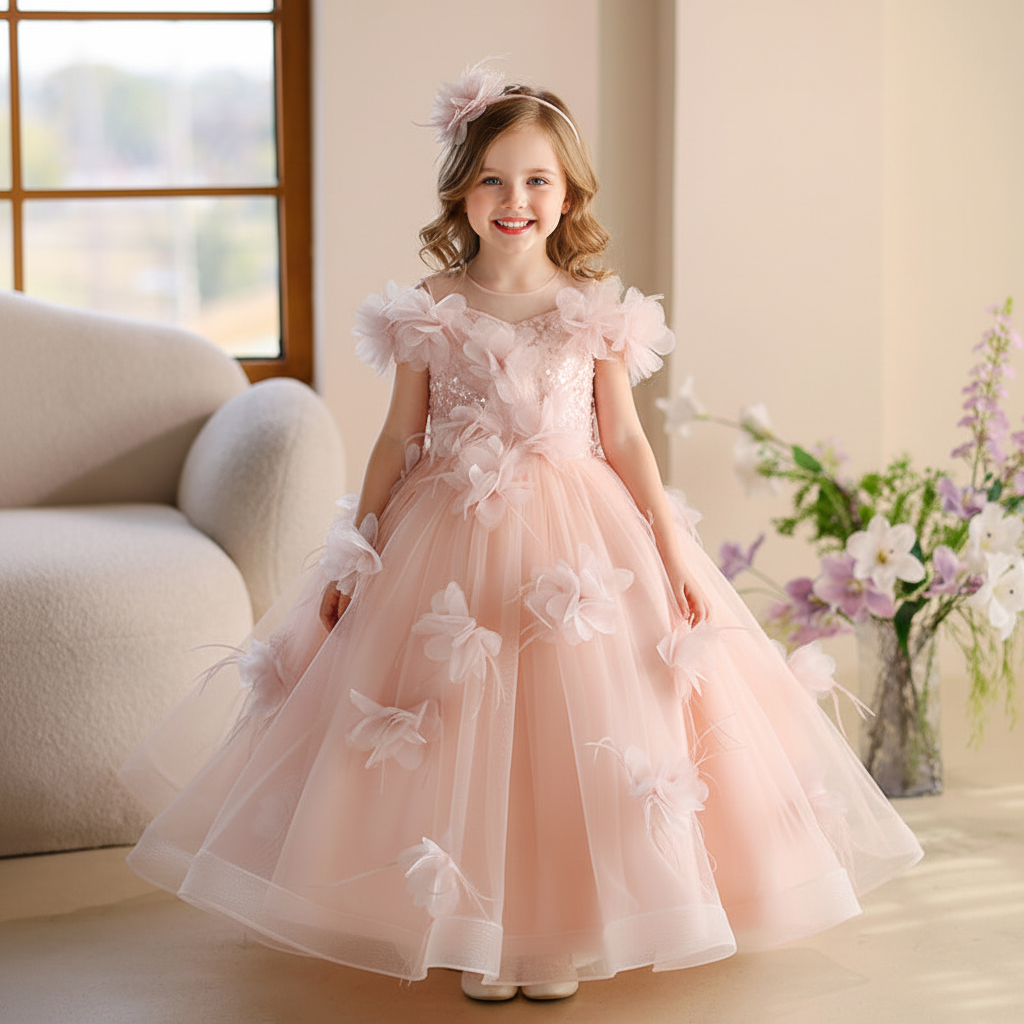Girls' Pink Pleated Princess Dress — Birthday, Evening, Piano Performance & Special Occasions | Sizes 100–160cm