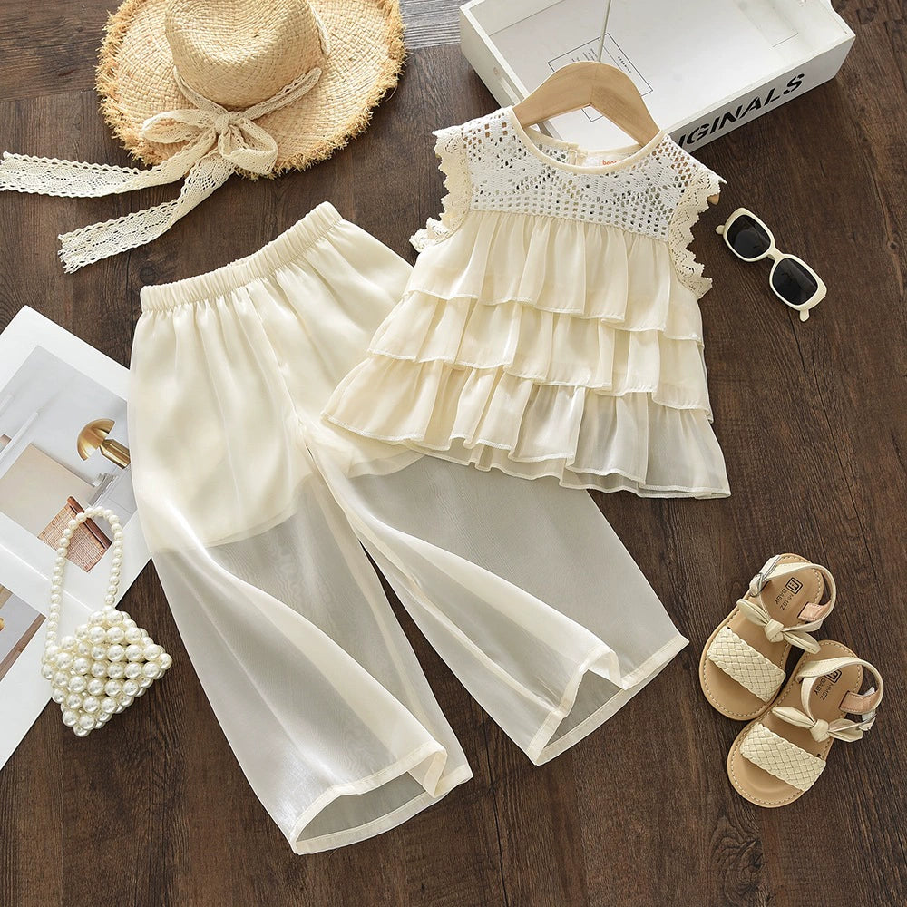 Girls' Summer Outfit 2026 Children's Summer Clothing Baby Girl Lace Sleeveless Vest Wide-Leg Pants Two-Piece Set