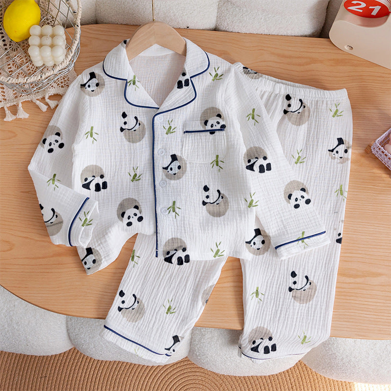 Children's Pajamas Class a Pure Cotton Printed Long-Sleeved Cardigan Lapel Set Cartoon Printed Pajamas Cute Kidsren's Clothing Set