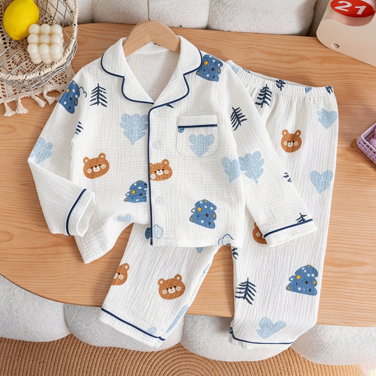 Children's Pajamas Class a Pure Cotton Printed Long-Sleeved Cardigan Lapel Set Cartoon Printed Pajamas Cute Kidsren's Clothing Set