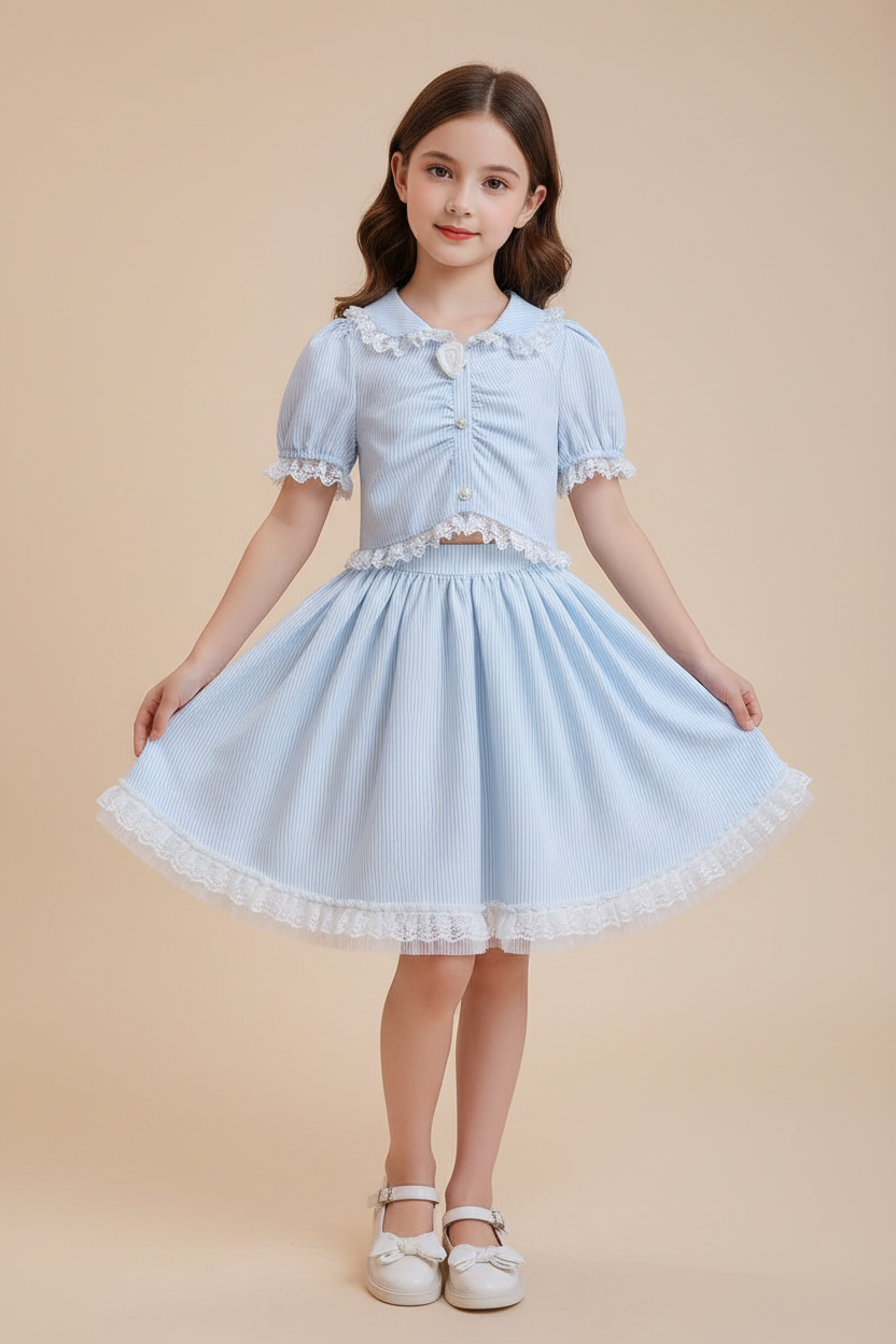 Girls' French Oil Painting Lace Doll Collar Top & Long Skirt Two-Piece Set — Elegant & Versatile
