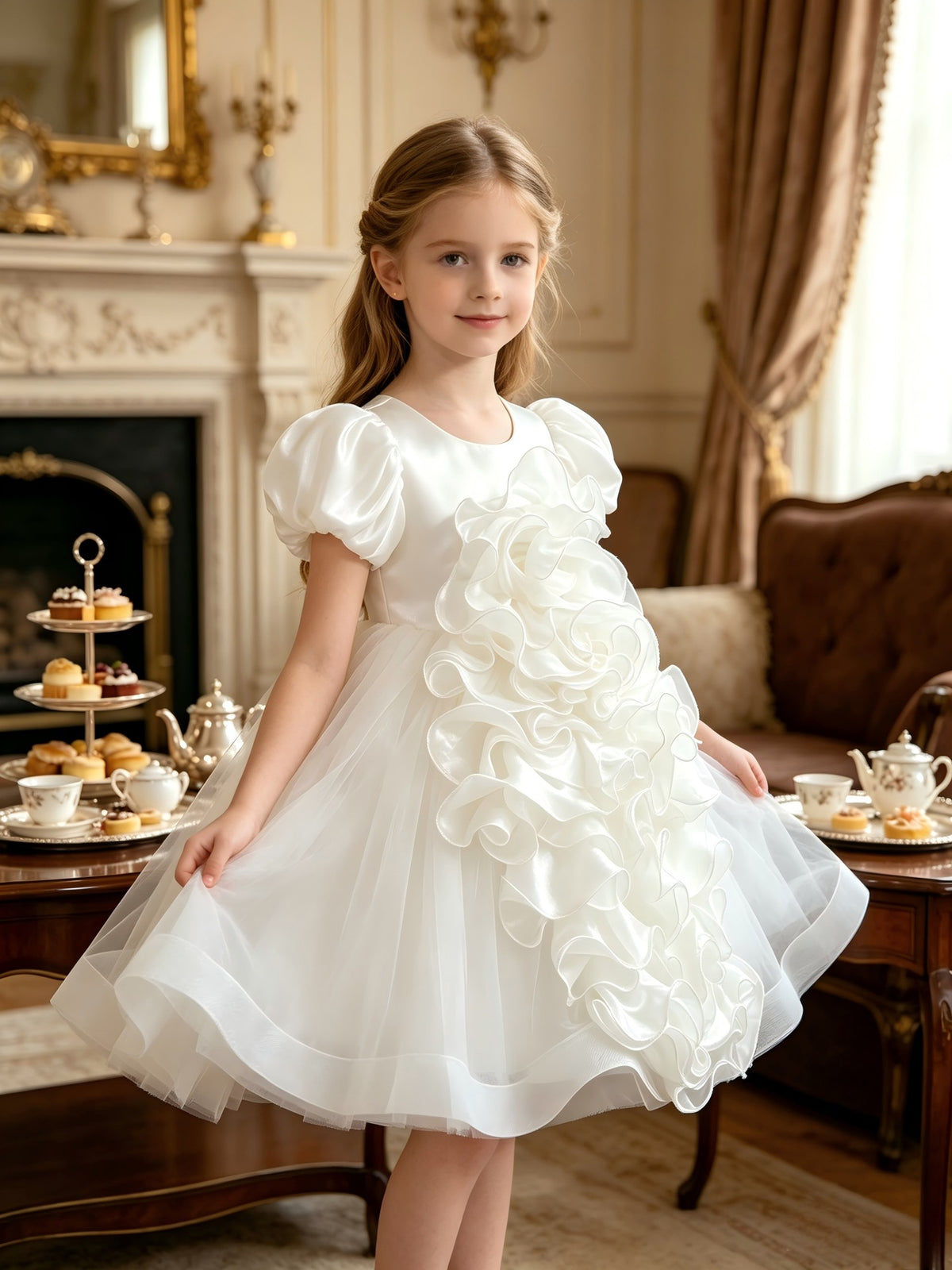 Cross-Border Children's One-Year-Old Formal Dress, Puffy Skirt, Puff Sleeves, Girl's 3D Floral Princess Dress, Birthday Performance Dress