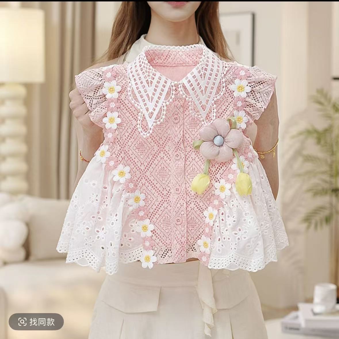 2026 New Summer Style Girls' Korean-Style High-End Pink Lace Collar Sleeveless Top and Shorts Set Two-Piece Set