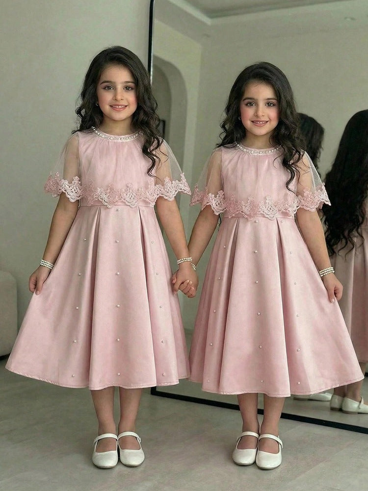 Girls' Soft Pink Lace Beaded Mesh Dress with Small Flying Sleeves and Waist-Cinching Princess Dress