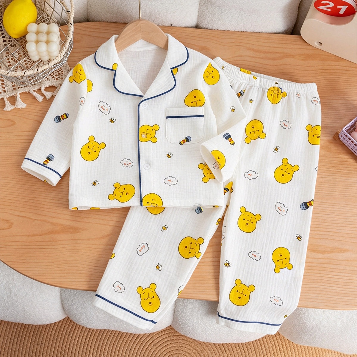 Children's Pajamas Class a Pure Cotton Printed Long-Sleeved Cardigan Lapel Set Cartoon Printed Pajamas Cute Kidsren's Clothing Set