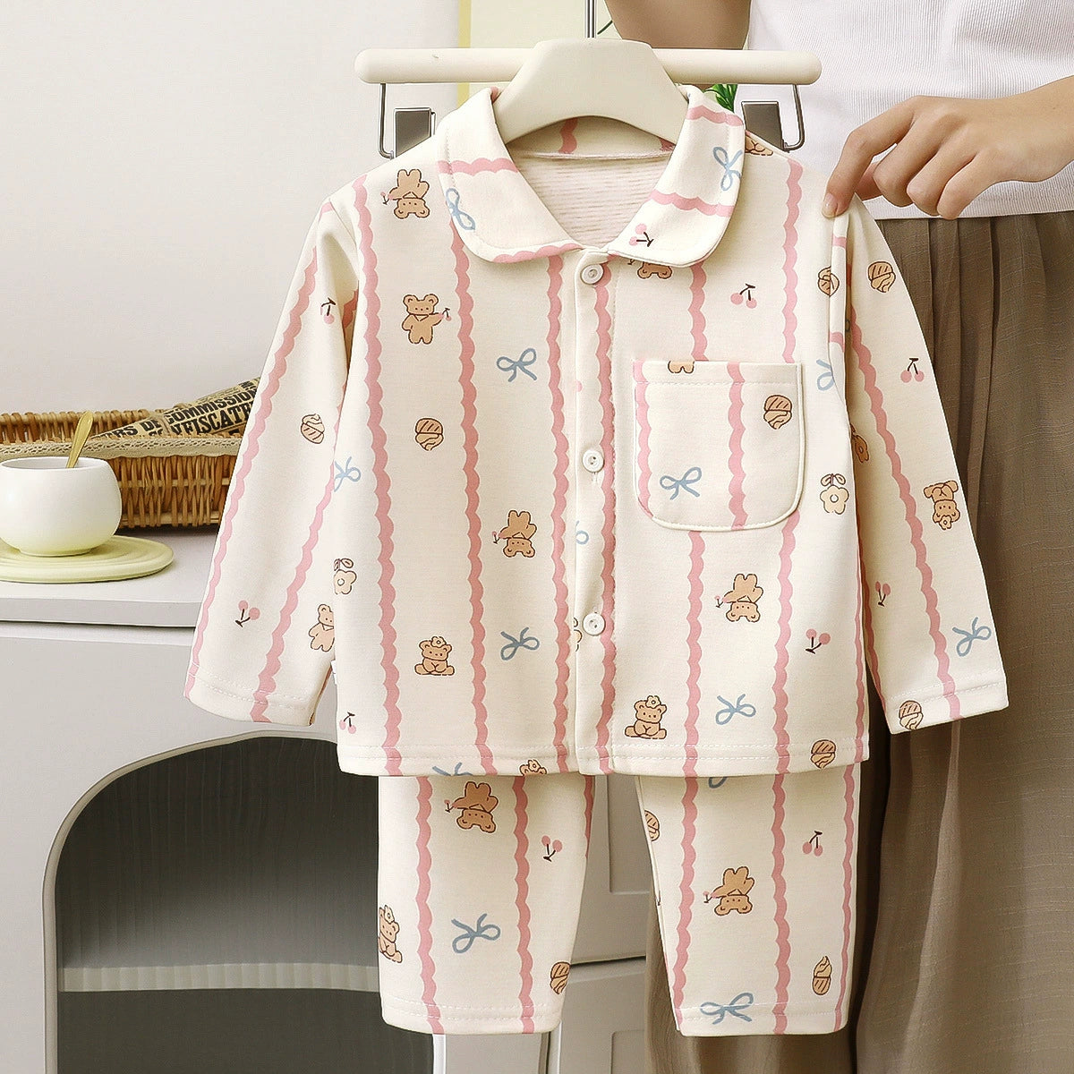 Children's Autumn and Winter Pajamas, Boys' and Girls' Wool and Silk Home Wear Set, Toddler's Turn-down Collar Cardigan Two-piece Set