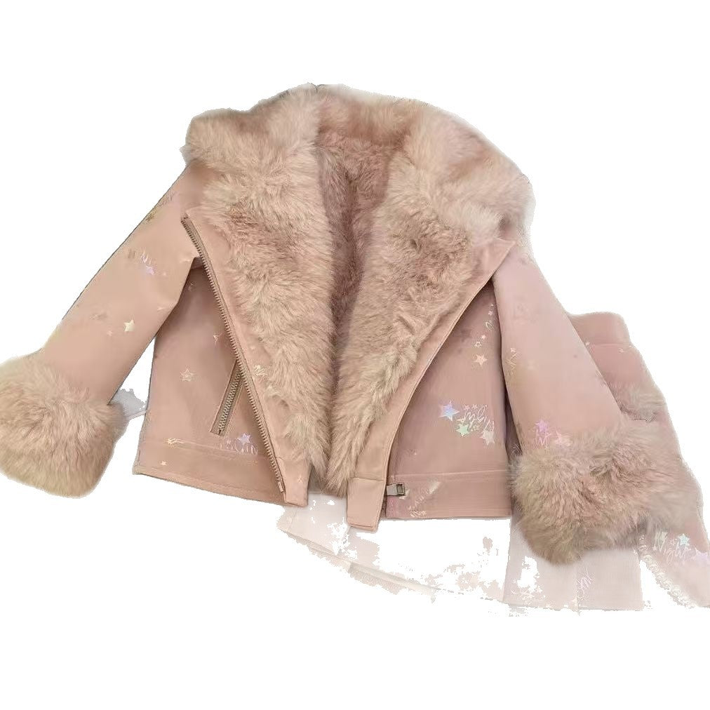 Girls' Winter Outfit 2026 New Children's Leather Jacket Winter Korean Style Thickened Jacket Pleated Skirt Two-Piece Set