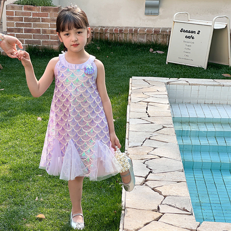 Orange Girl's Mermaid Princess Dress Summer 2026 New Style Baby Girl Strap Dress Performance Outfit