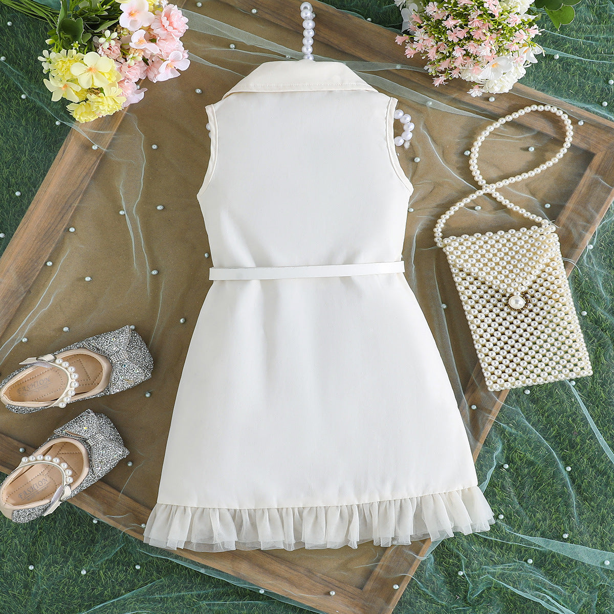 2026 New Product a Cross-Border Summer New Style Girls' Solid Color Sleeveless Suit Fashion Dress + Belt Two-Piece Set