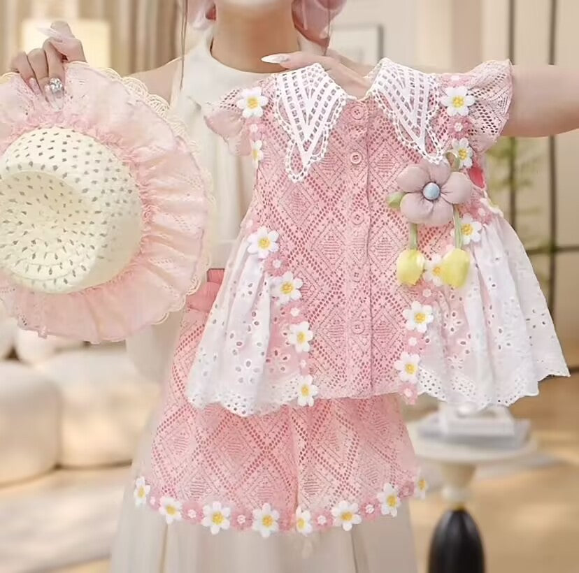 2026 New Summer Style Girls' Korean-Style High-End Pink Lace Collar Sleeveless Top and Shorts Set Two-Piece Set