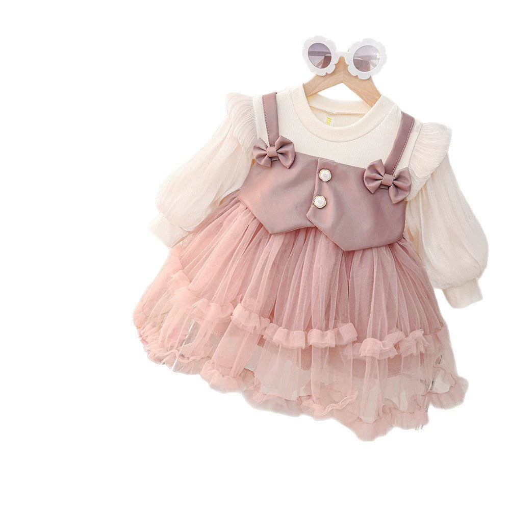 Spring Girls Dress 2025 New Mesh Long-Sleeved Spring Korean Style Fashionable Pure Color Foreign Style Baby Girl Skirt
