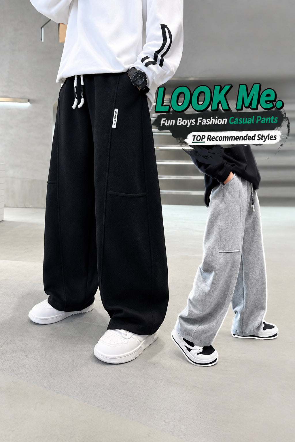 Boys' Fashionable Sports Sweatpants New Style for Older Children, Loose Straight-Leg Drape Wide-Leg Pants, Children's Cross-Border Pants for Autumn
