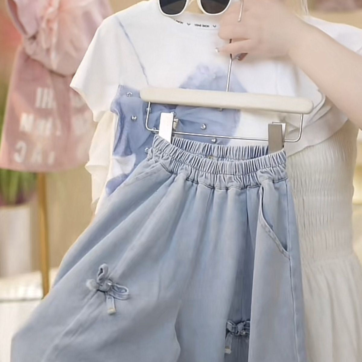 2025 Summer Girls' Three-Dimensional Bow Round Neck Solid Color Short-Sleeve Fashionable Versatile Bow Skirt Pants Two-Piece Set