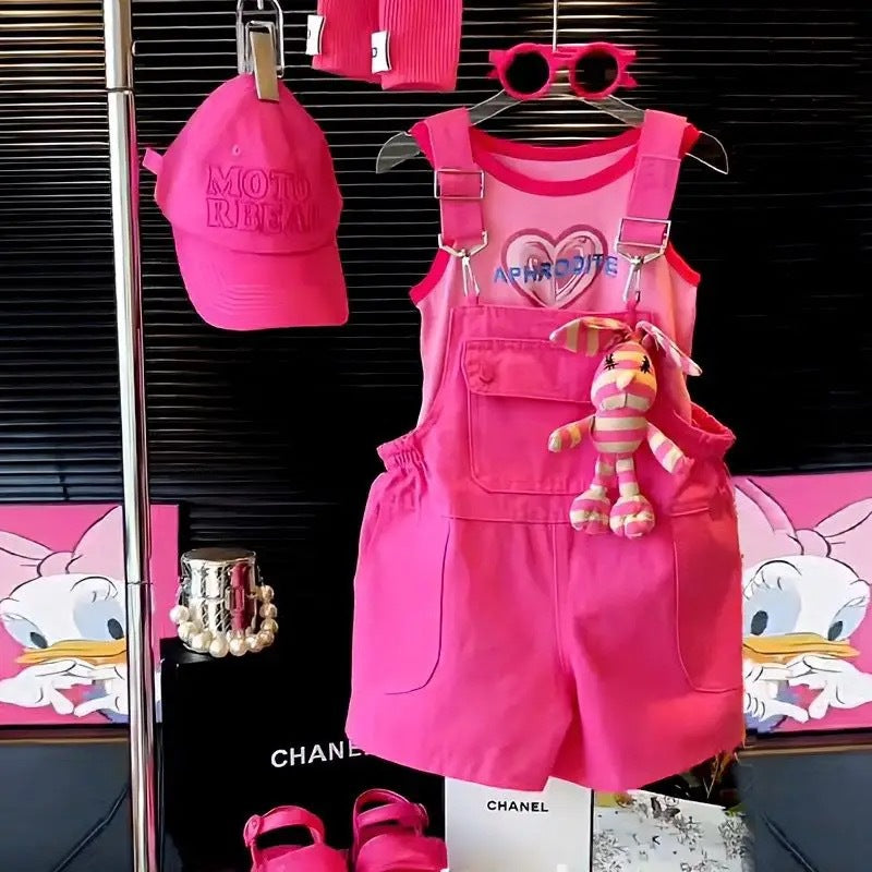 Girls' Summer Casual Overalls Stylish Rose Red Suspender Pants 2026 New Model for Older Children Loose and Versatile