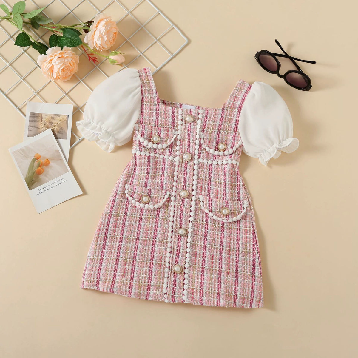 Baoxi children's clothing summer hot Chanel style chunky plaid pearl buckle decorative stitching puff sleeve girl dress