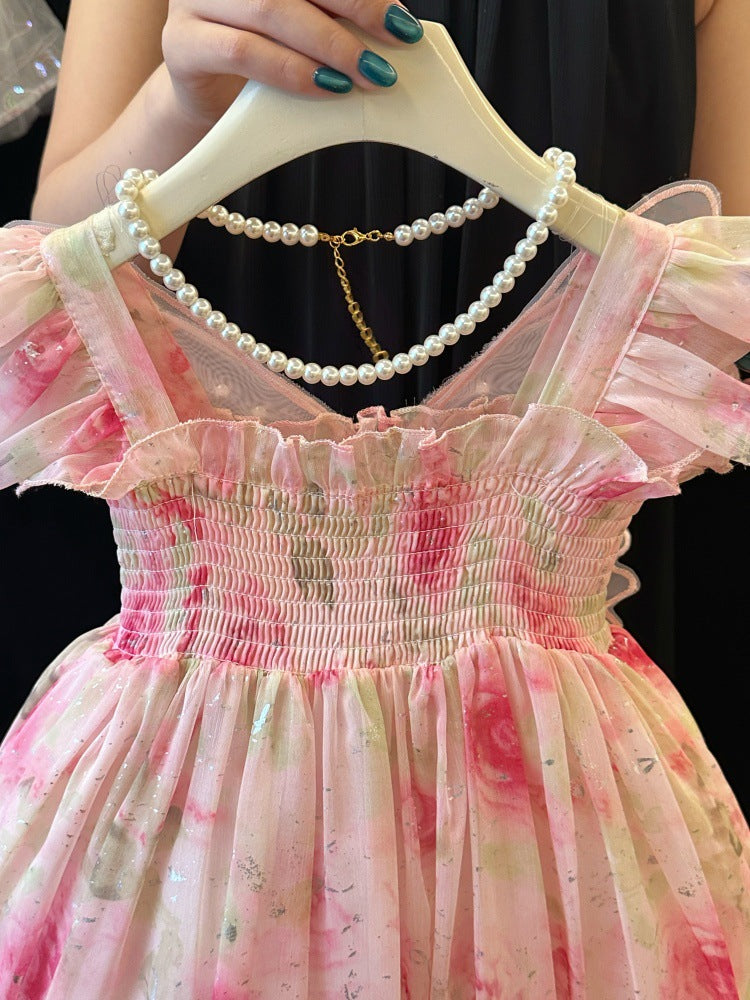 Girls' Winged Princess Dress Summer Dress 2026 New Style Kidsren's Birthday Dress Dress Fashionable Girl Pink Dress