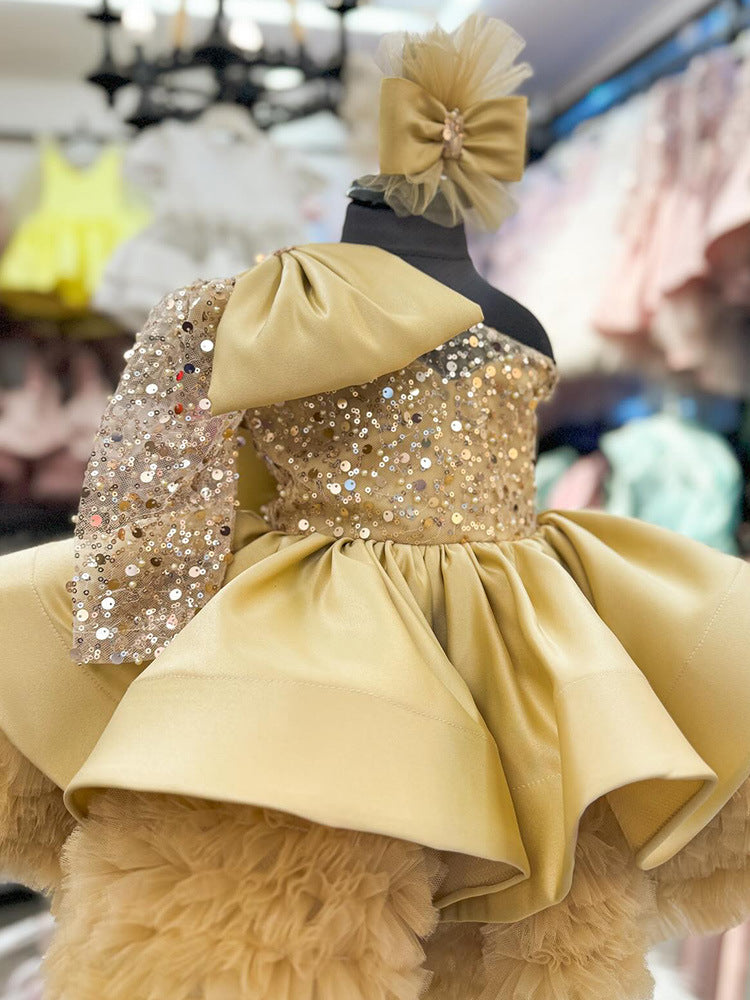 Disney-Inspired Girls' One-Shoulder Sequin Princess Gown with Oversized Bow