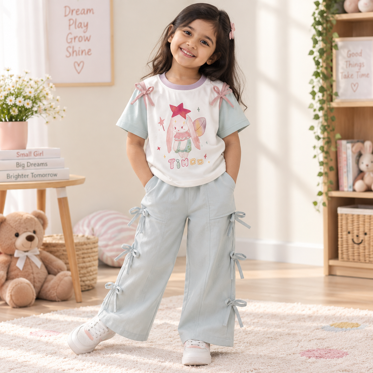 Summer Trendy Stylish Bow Sleeve T-Shirt and Pants Cool Set