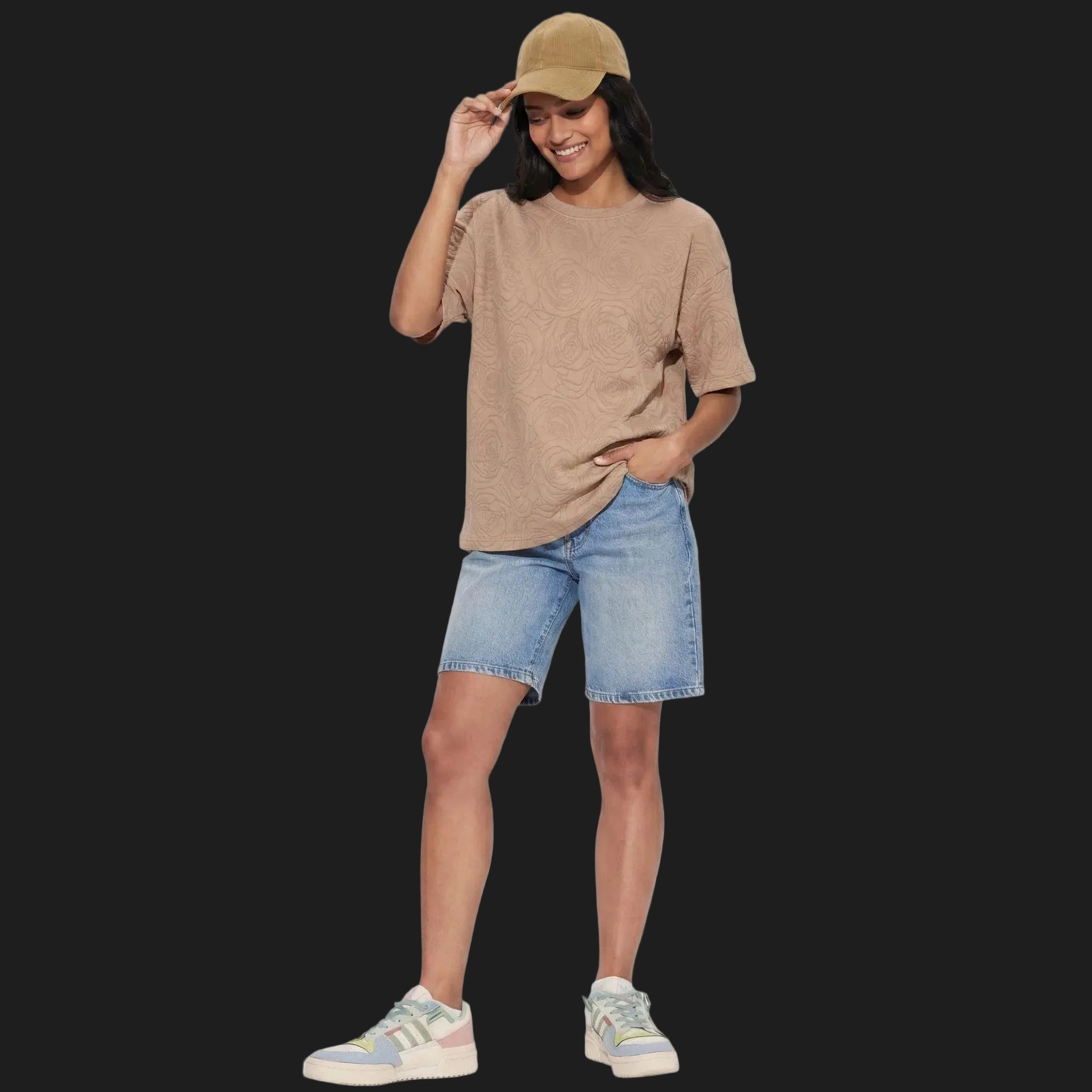 Rose Beige Embossed Drop Shoulder T-Shirt - styleflea