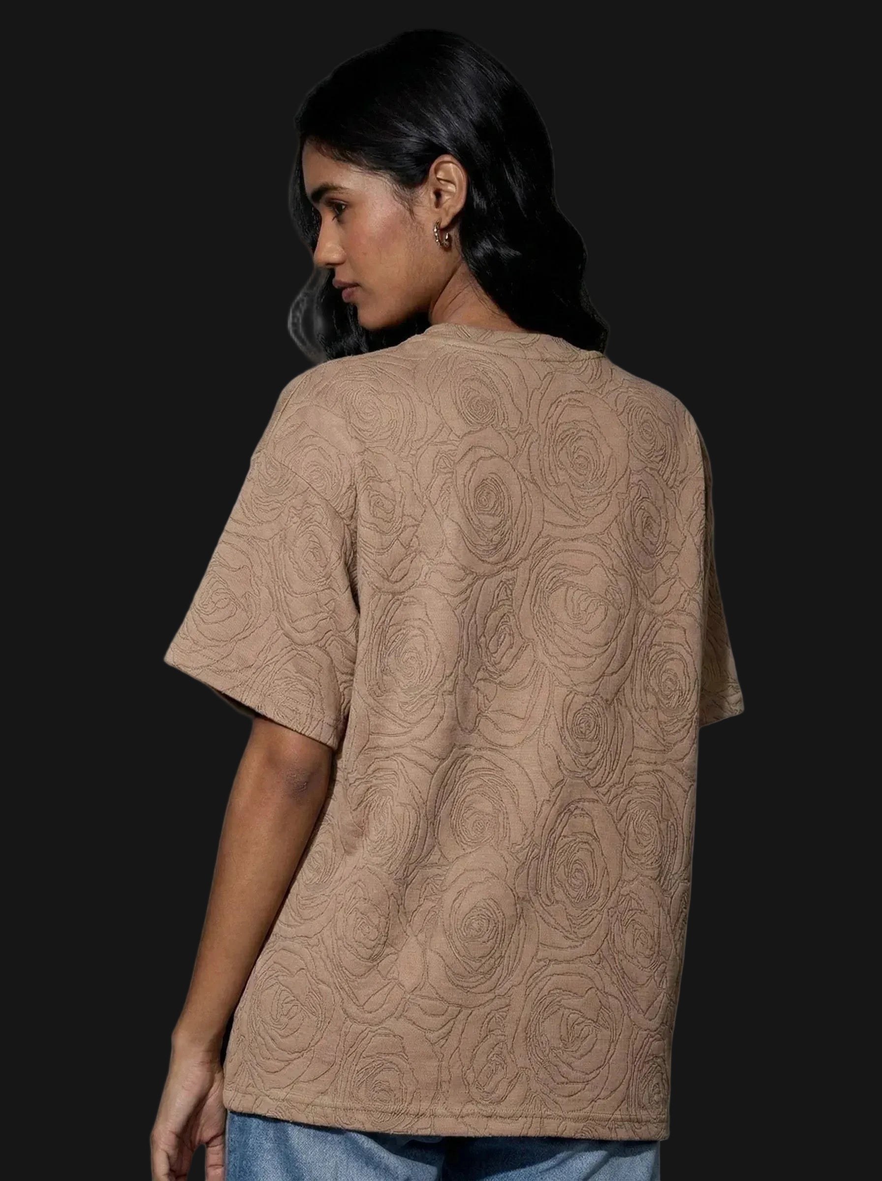 Rose Beige Embossed Drop Shoulder T-Shirt - styleflea