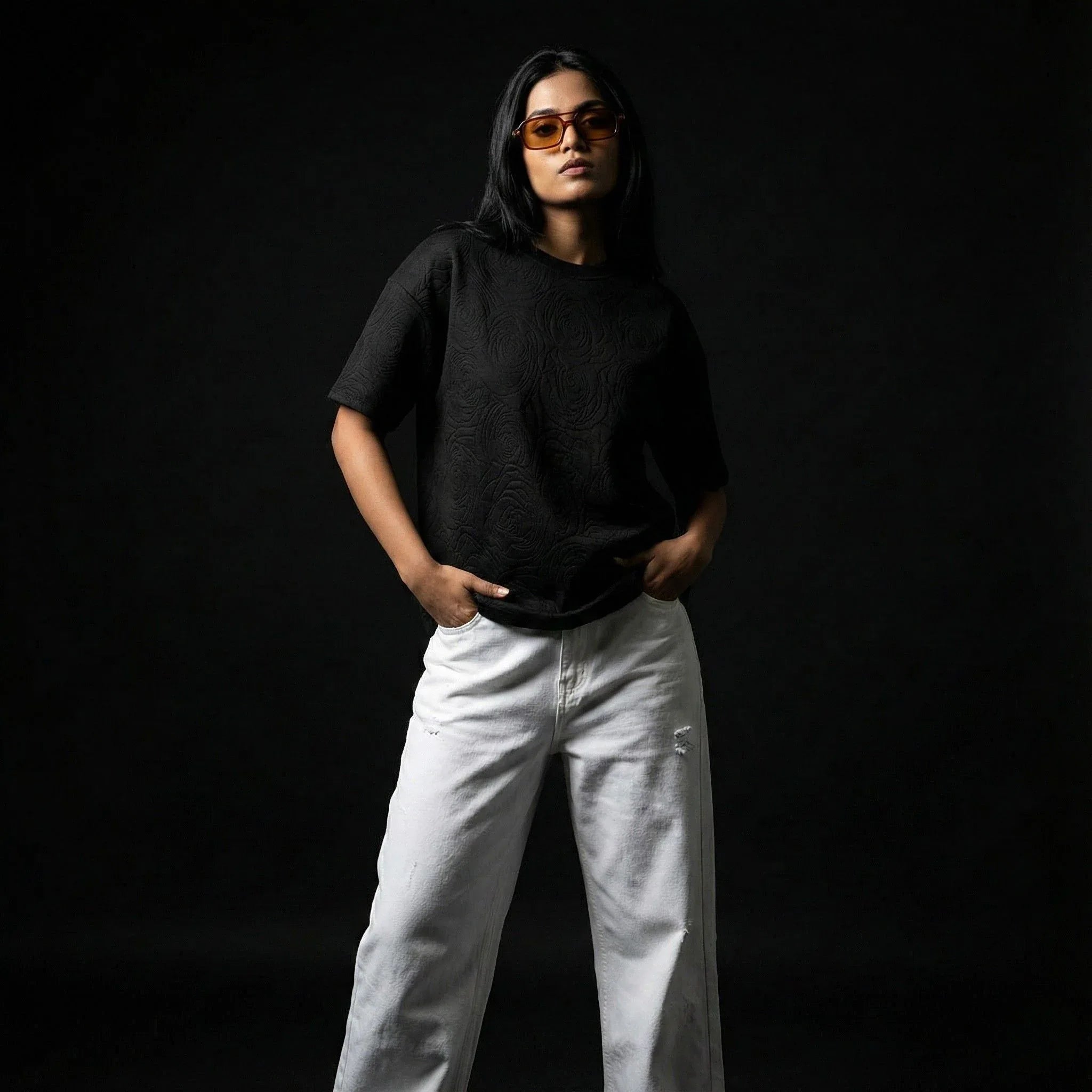 Rose Midnight Embossed Drop Shoulder T-shirt - styleflea