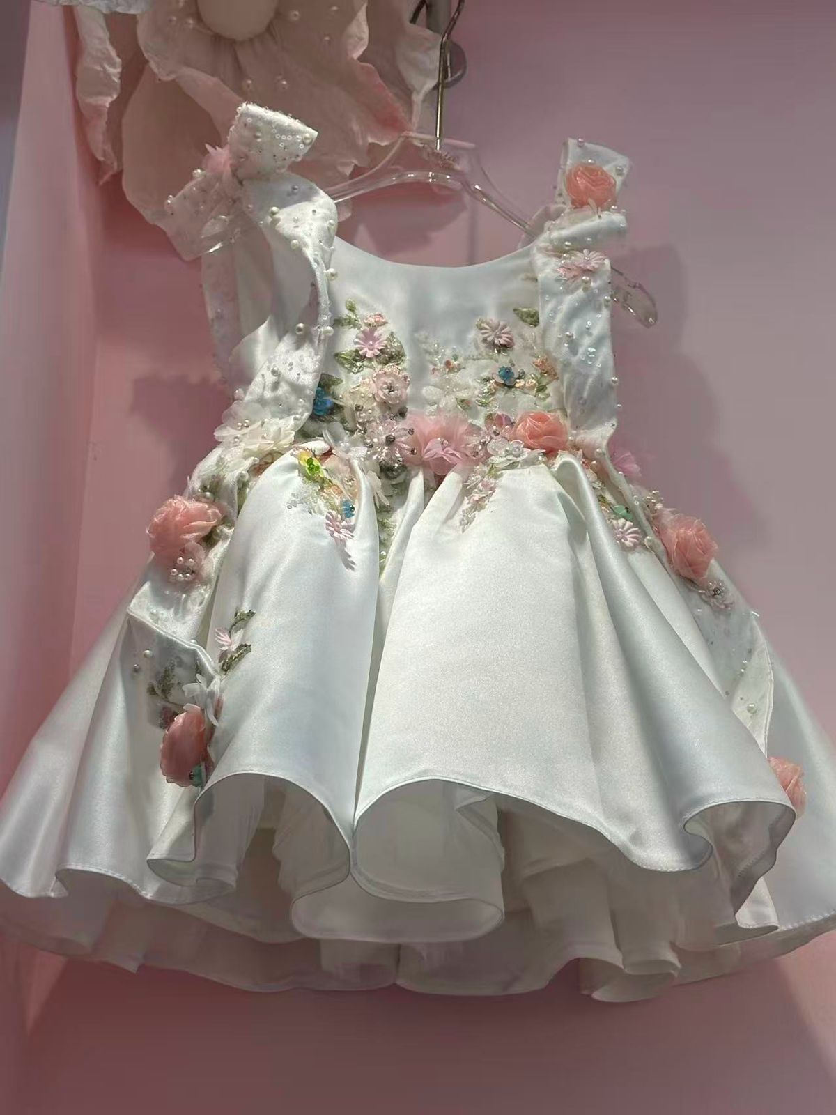 Girls Ivory Satin Ball Gown 3D Floral & Pearl Embellished Party Dress