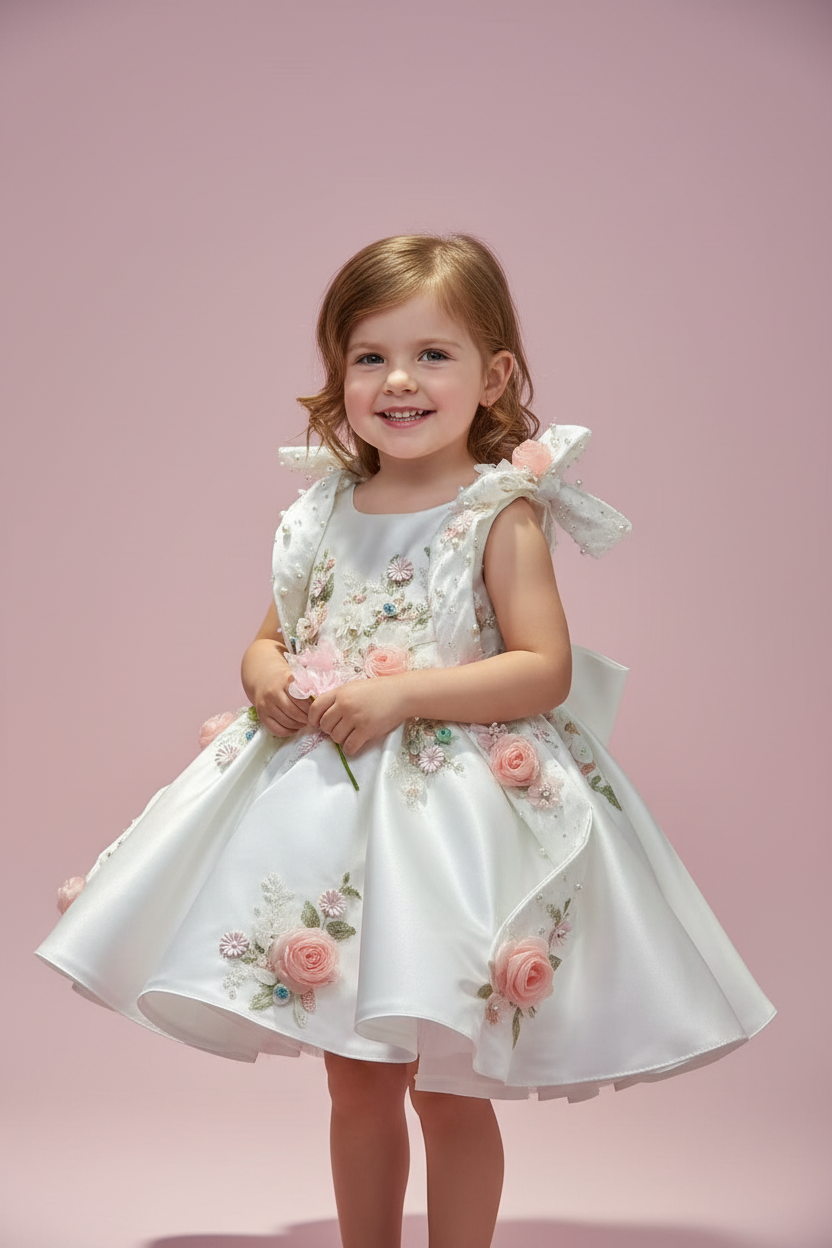Girls Ivory Satin Ball Gown 3D Floral & Pearl Embellished Party Dress
