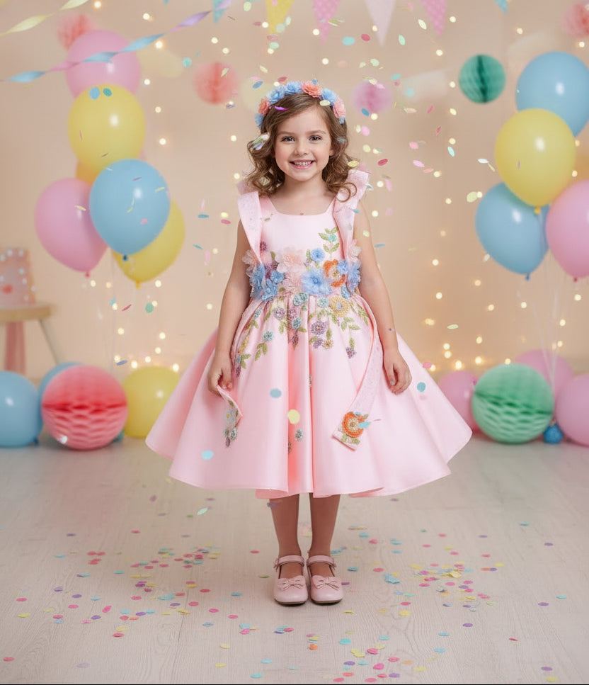Girls Pink 3D Floral Embroidered Satin Party Dress