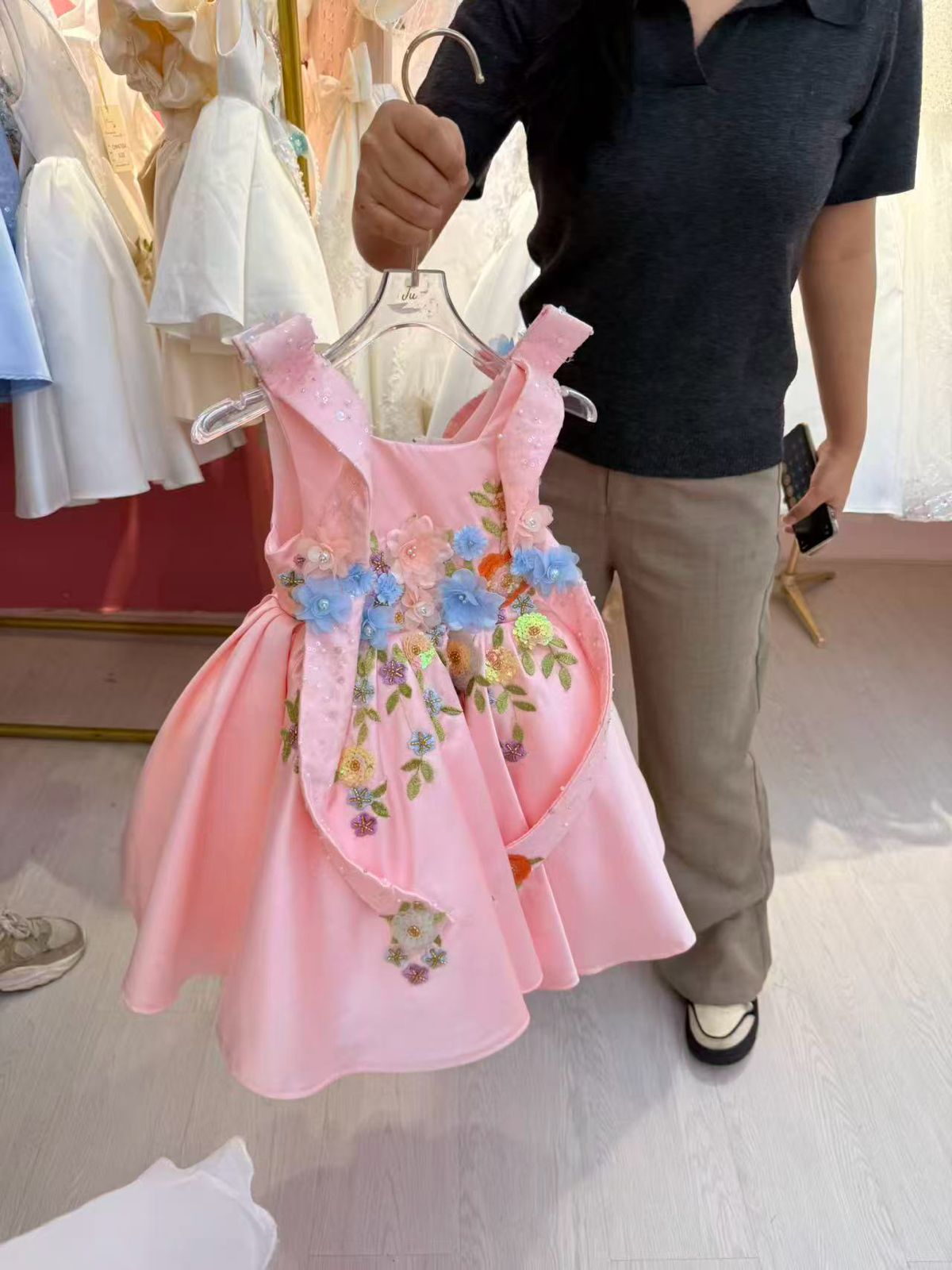 Girls Pink 3D Floral Embroidered Satin Party Dress