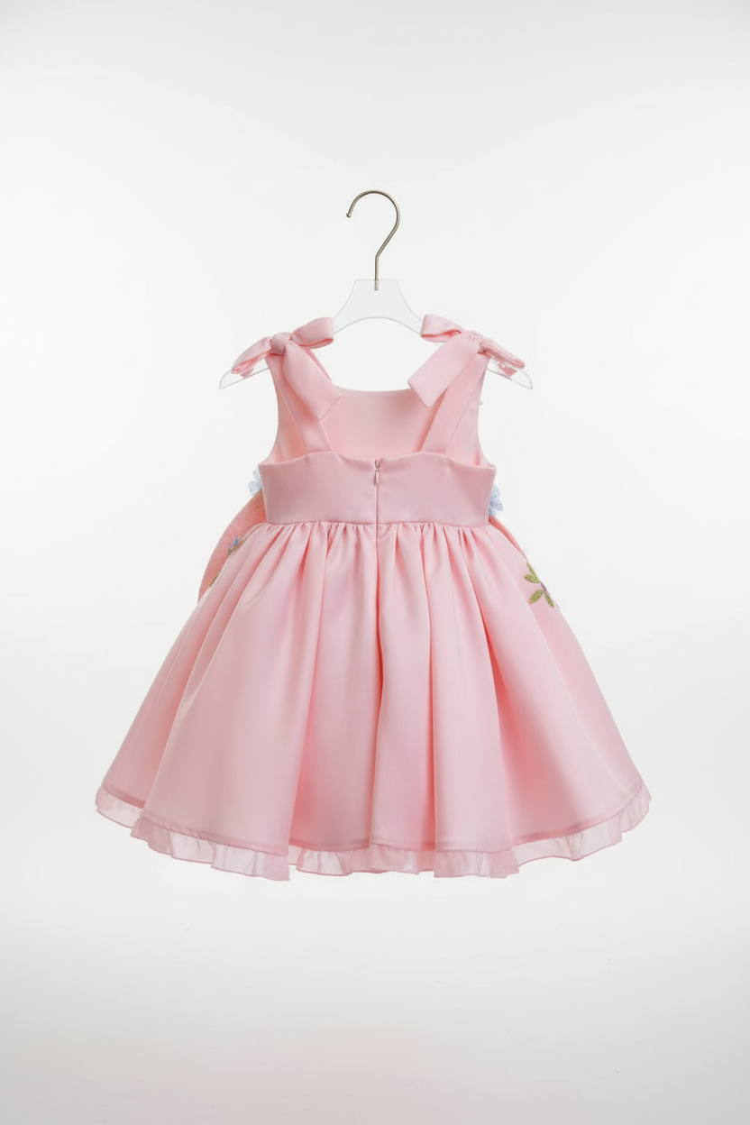 Girls Pink 3D Floral Embroidered Satin Party Dress