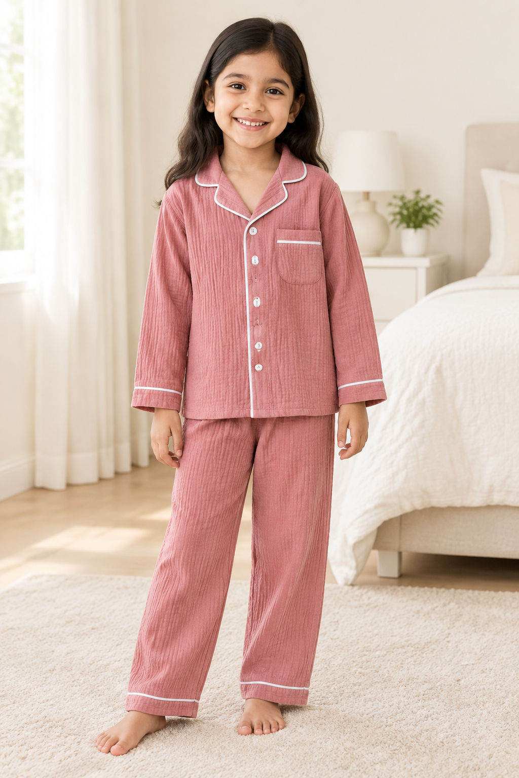 Kids' Cotton Pyjama Set – Long-Sleeve Collared Top & Pants