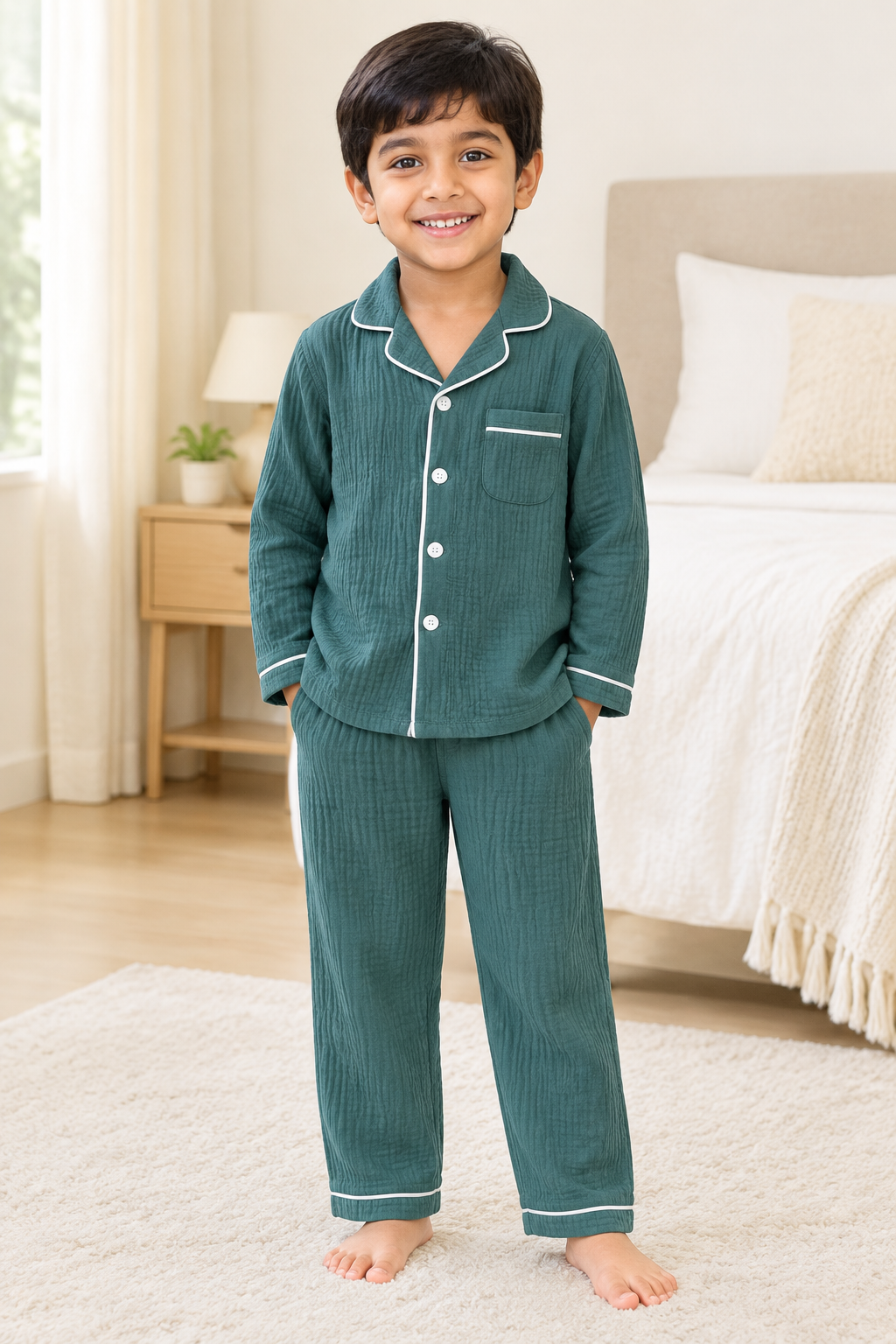 Kids' Cotton Pyjama Set – Long-Sleeve Collared Top & Pants