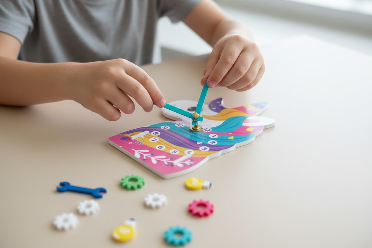 Child building STEM Time-Learning Unicorn Clock Kit