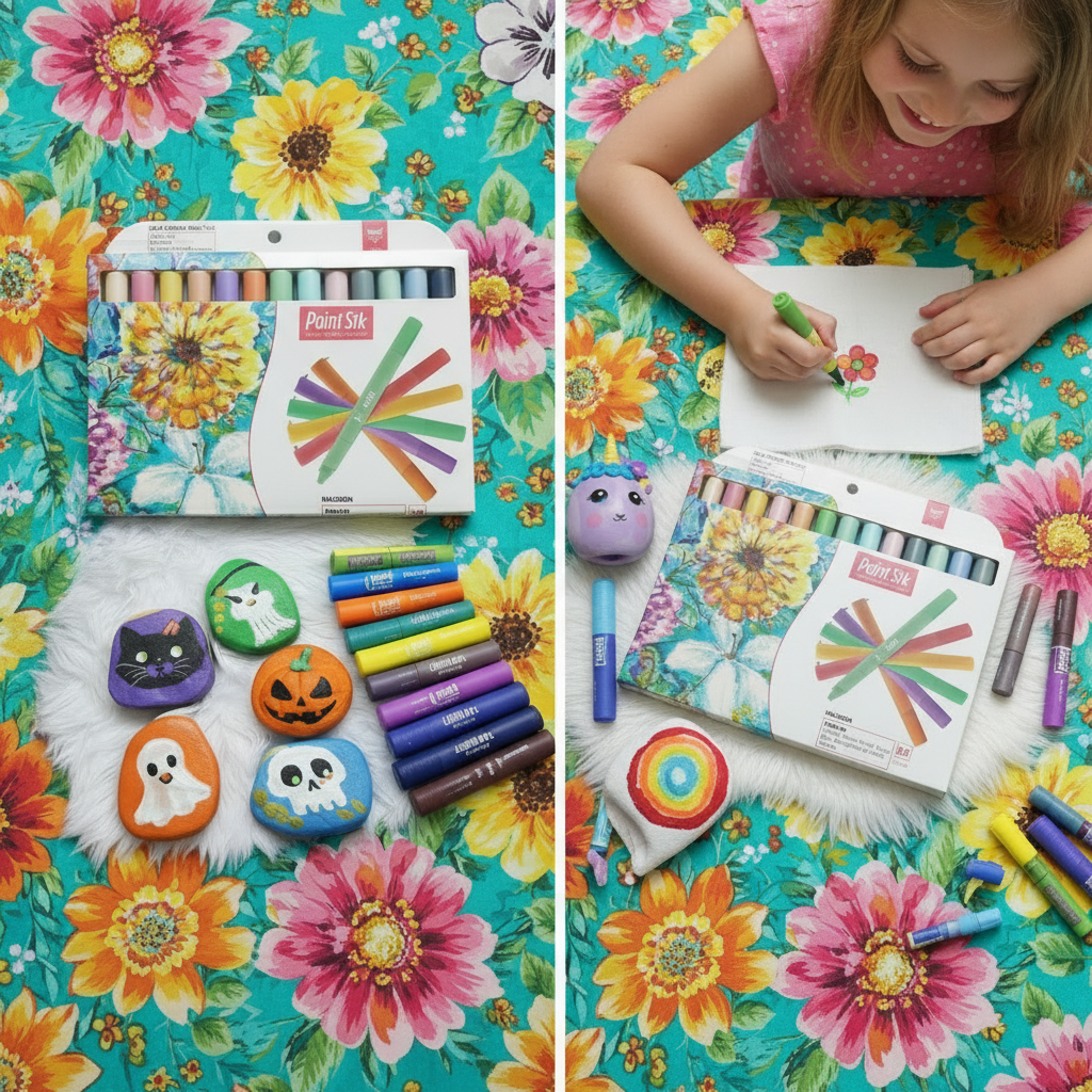 Child creating fabric art with markers from overhead view