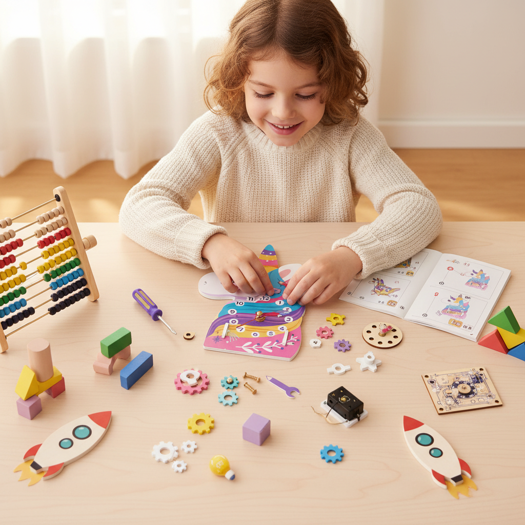 Child assembling unicorn clock kit from overhead view