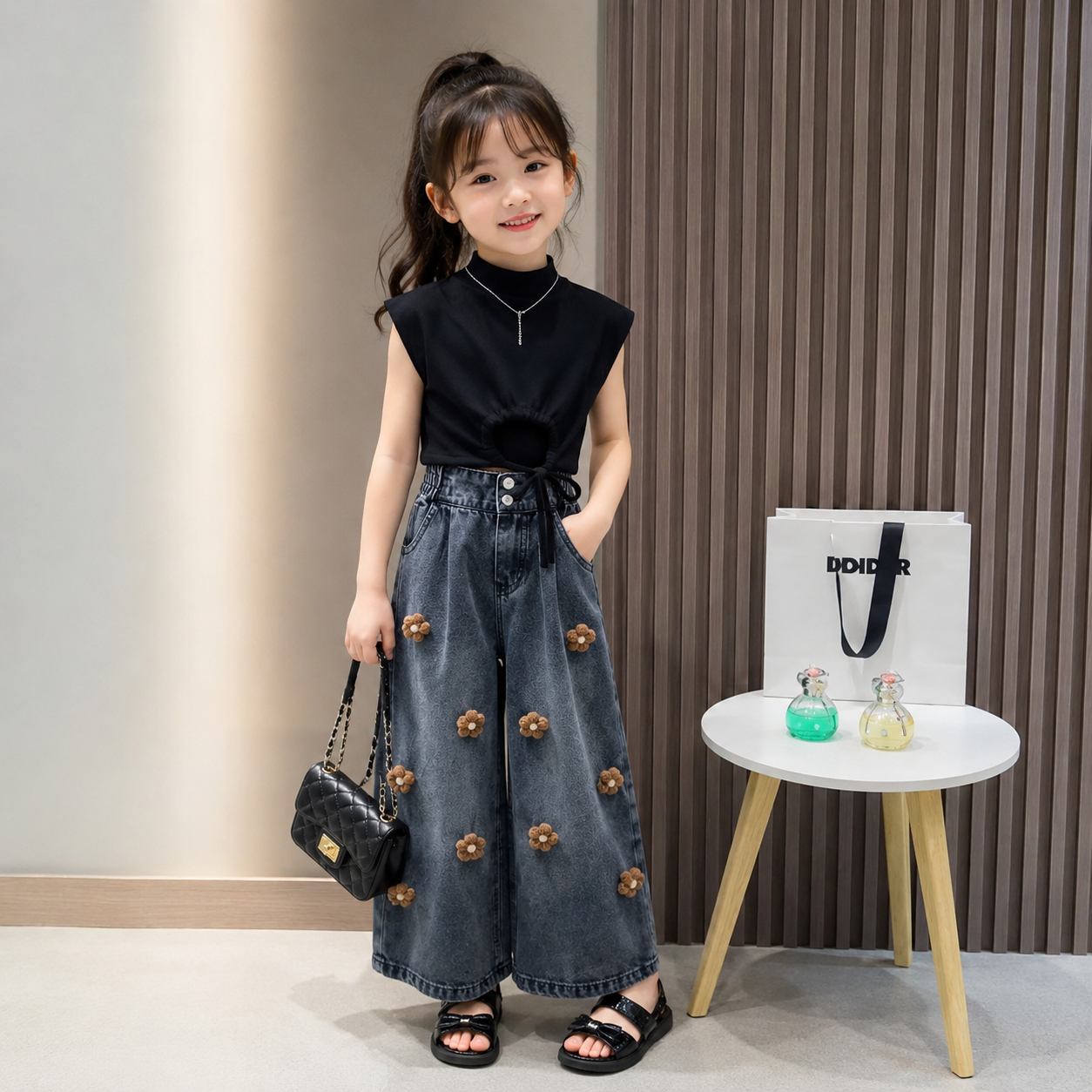 Older Kids Denim Wide-Leg Pants Two-Piece Set