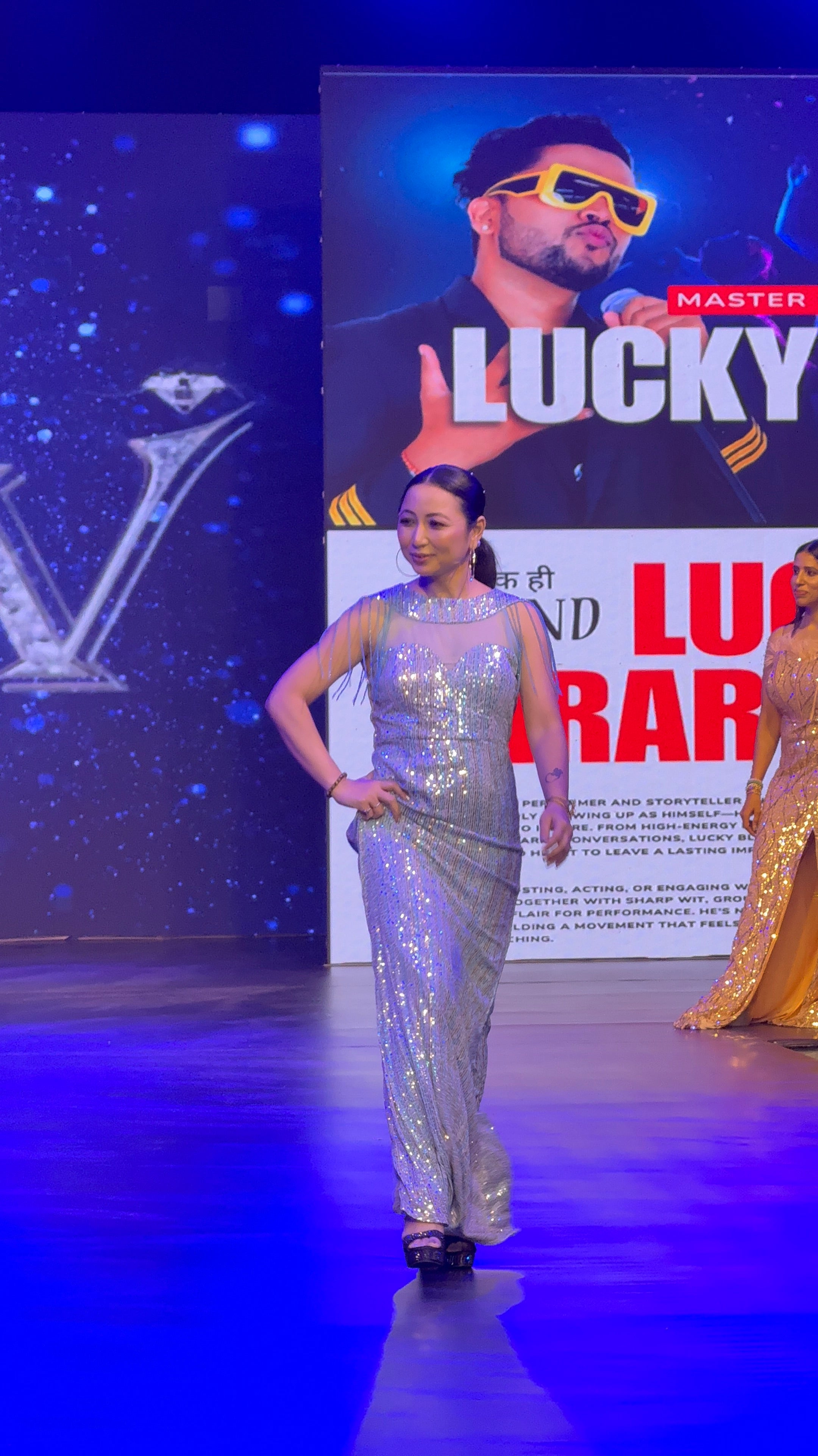 Powder Blue Sequin & Fringe Column Maxi Gown