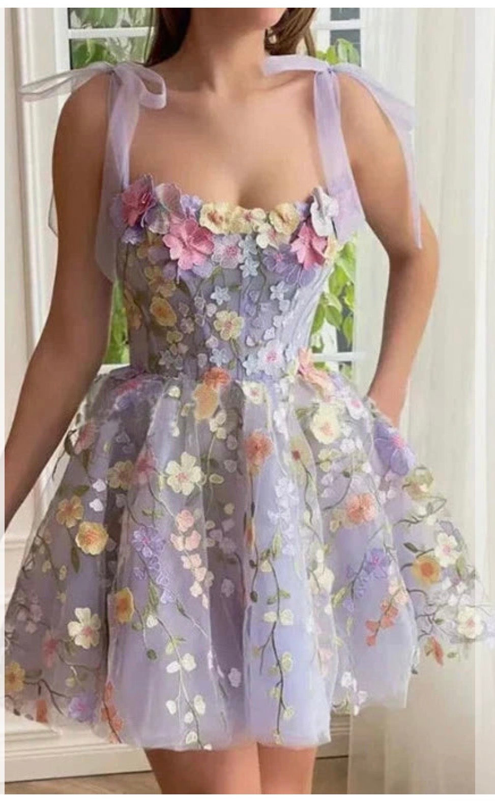 Lavender Floral Embroidered Organza Mini Dress for Women – Sleeveless Party & Summer Dress