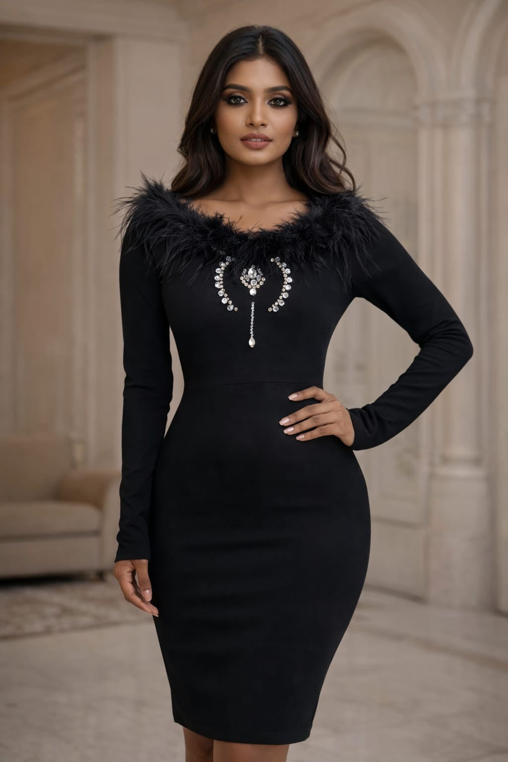 The Noir Feather & Jewel Bandage Dress