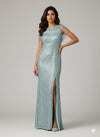 Powder Blue Sequin & Fringe Column Maxi Gown