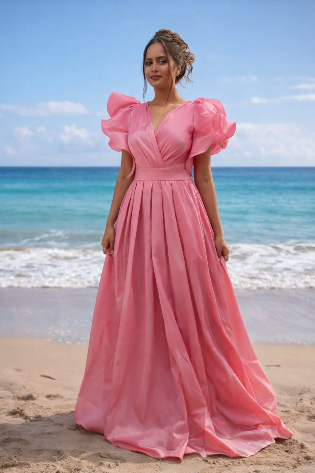 Seraphina Ruffled Puff Sleeve V-Neck Maxi Dress – Elegant Beach & Evening Gown