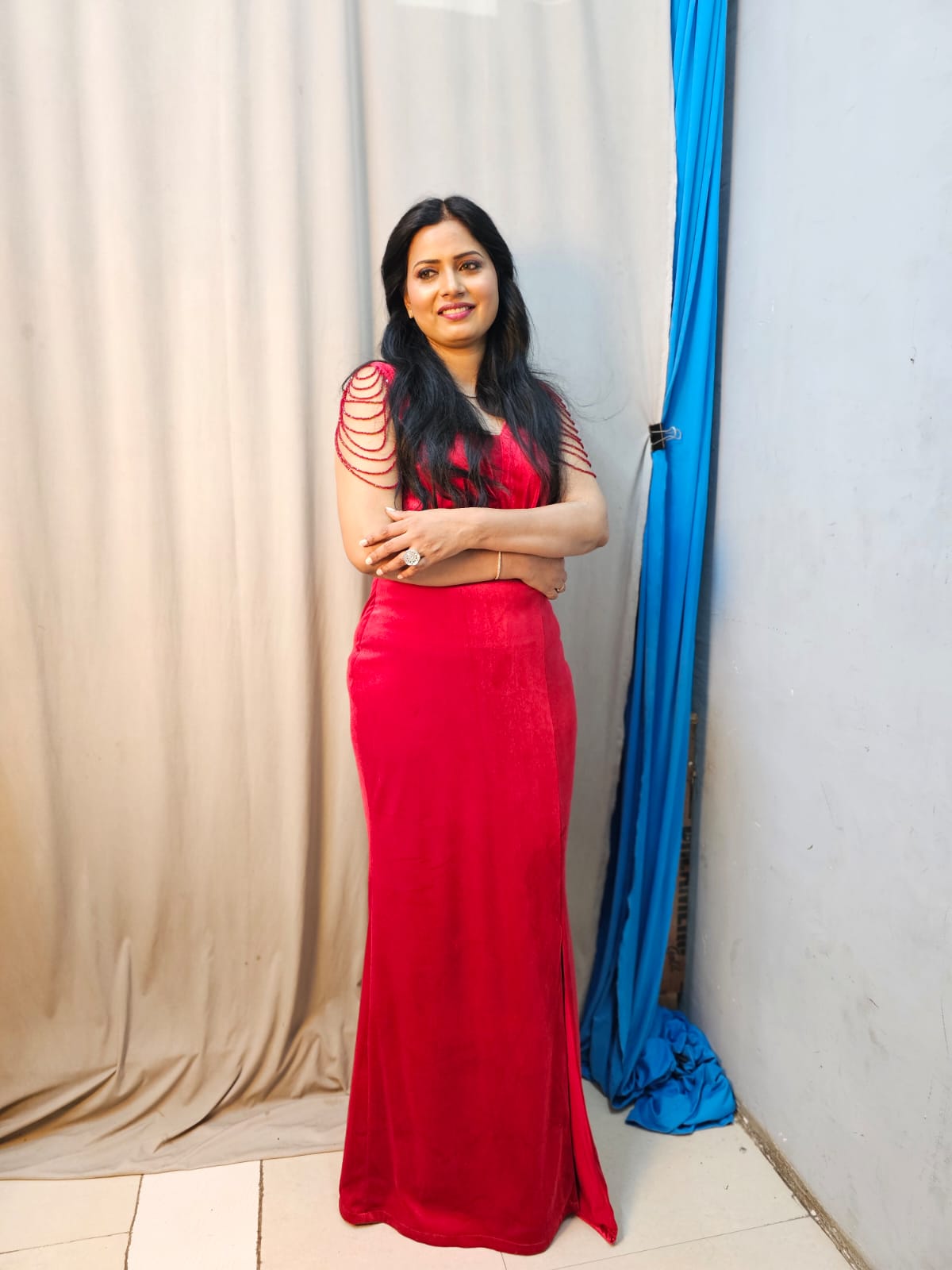 Women’s Velvet Evening Gown- Party Wear Maxi Dress (Red, Grey & Orange)