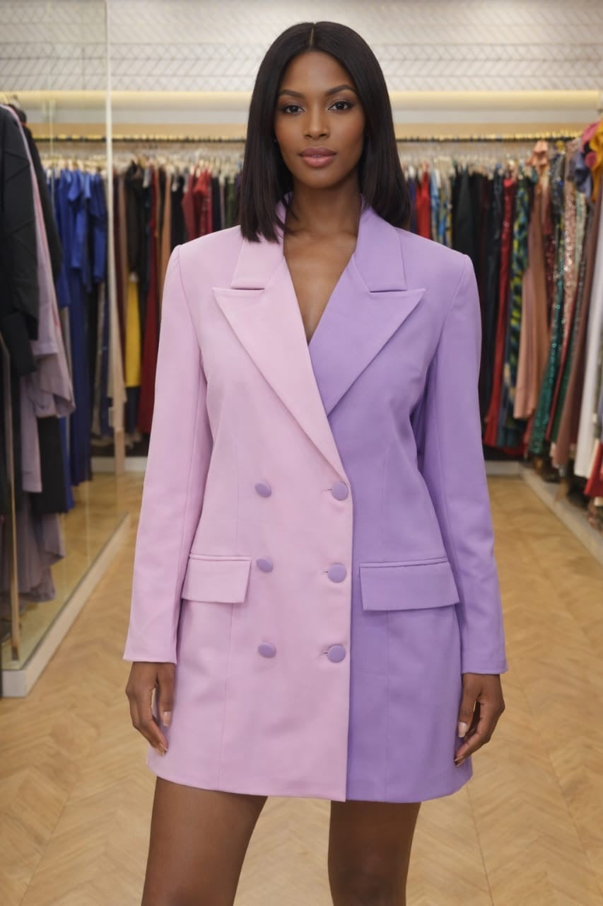 Aurora Double-Breasted Blazer Mini Dress – Contrast Trim & Two-Tone Color Block Dress