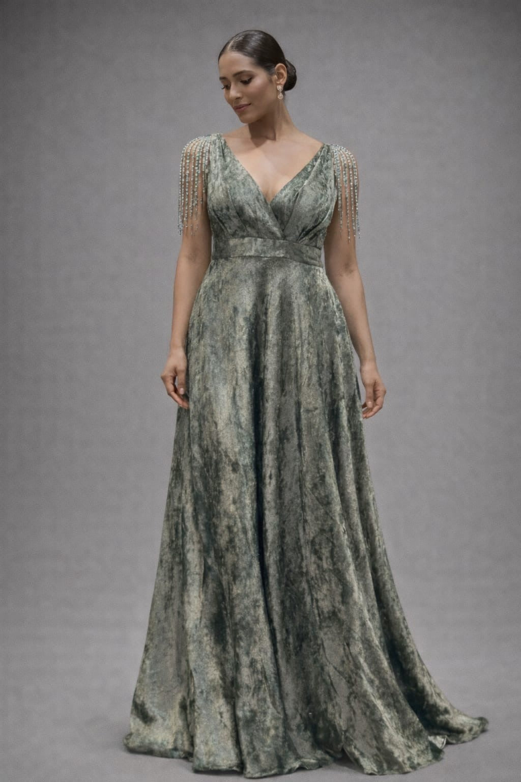 Verdant Cascade Embellished Gown