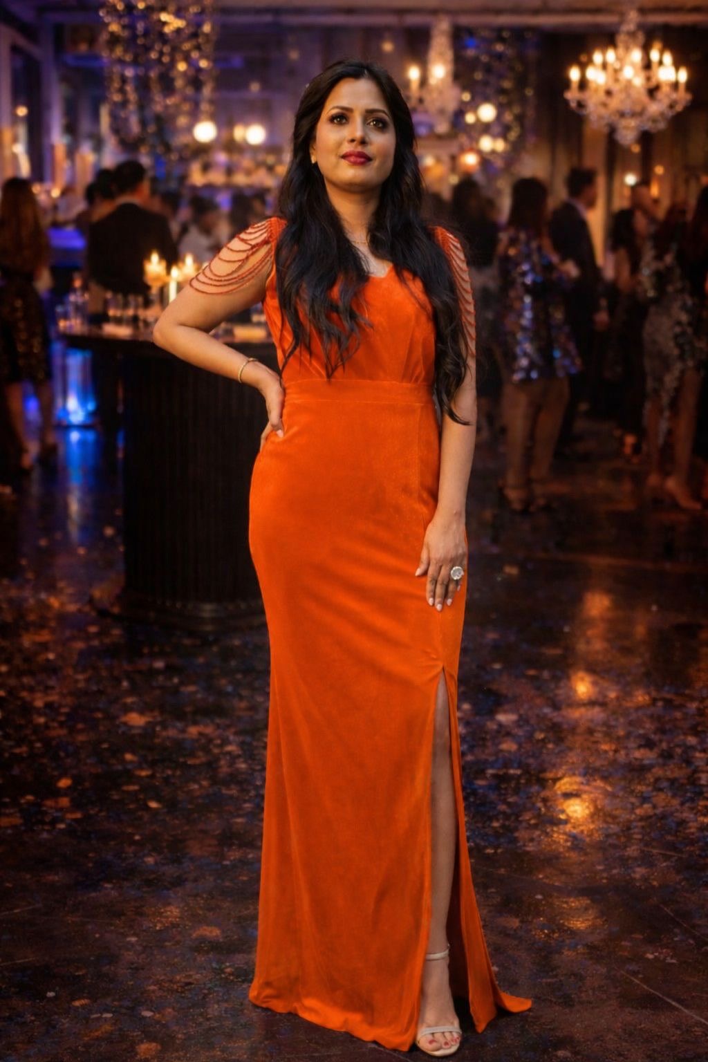 Women’s Velvet Evening Gown- Party Wear Maxi Dress (Red, Grey & Orange)