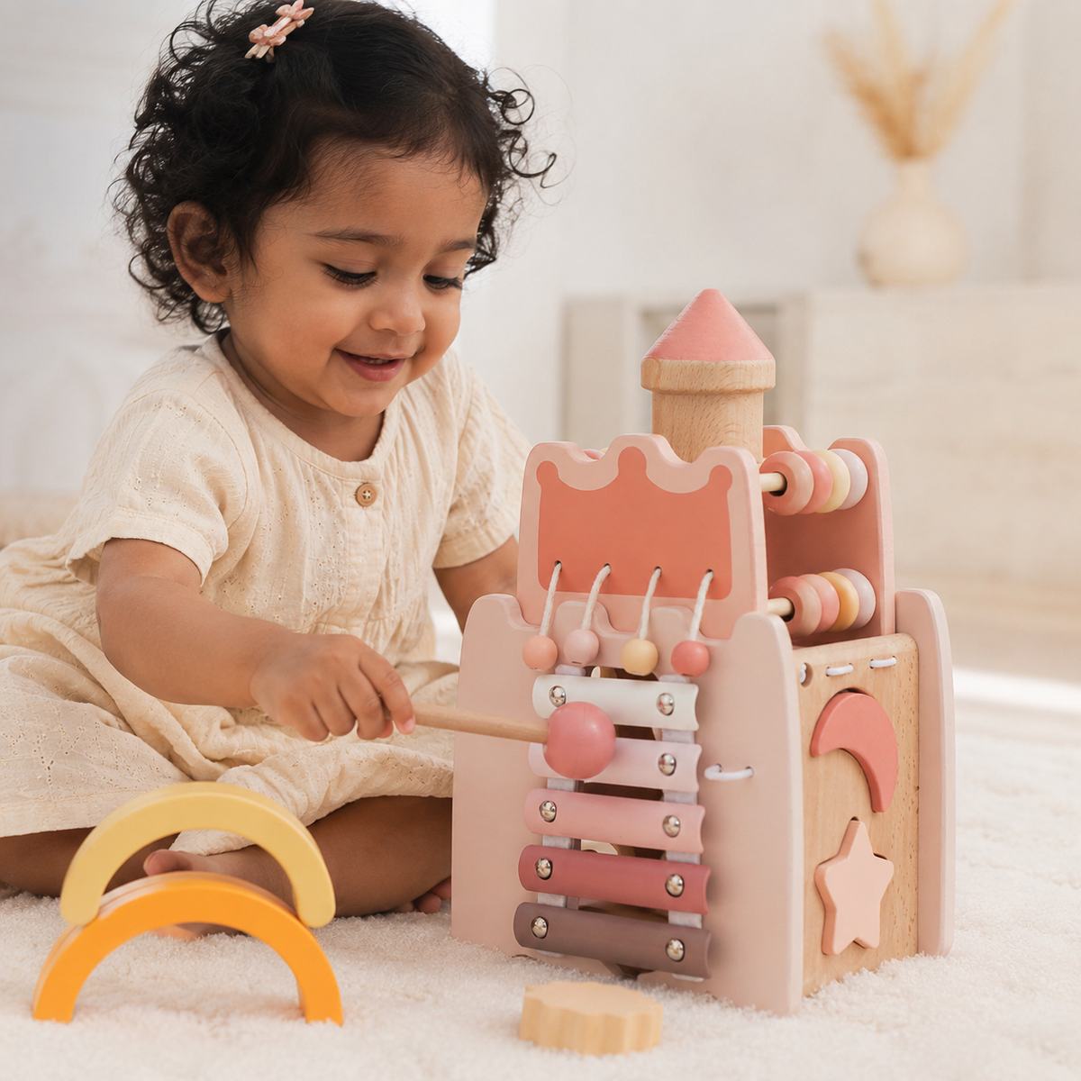 Wooden Montessori Castle Shaped Multi-Activity Toy – 6-in-1 Learning Activity Center for Kids