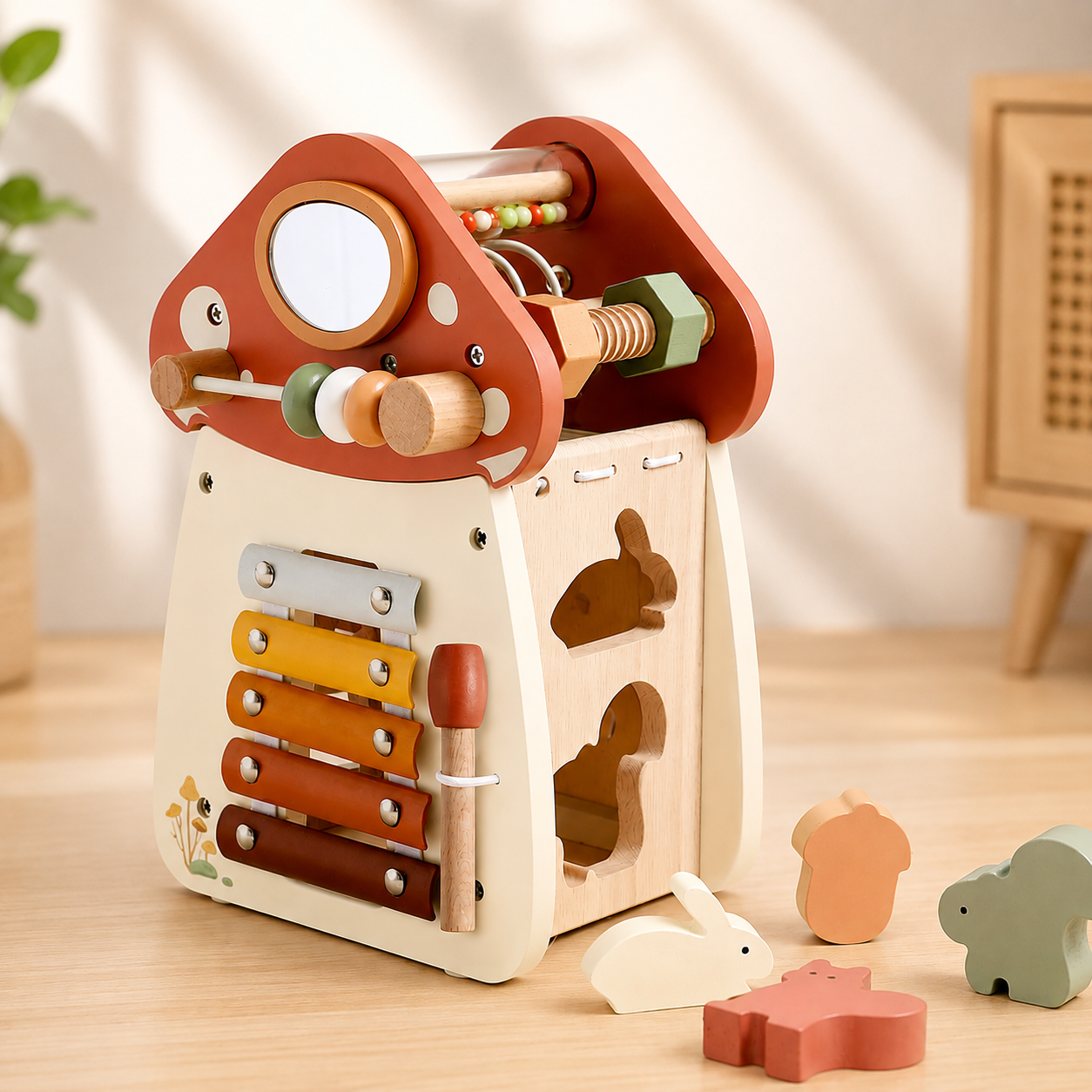 Montessori Wooden Mushroom Shaped Activity Cube – 5-in-1 Educational Learning Toy