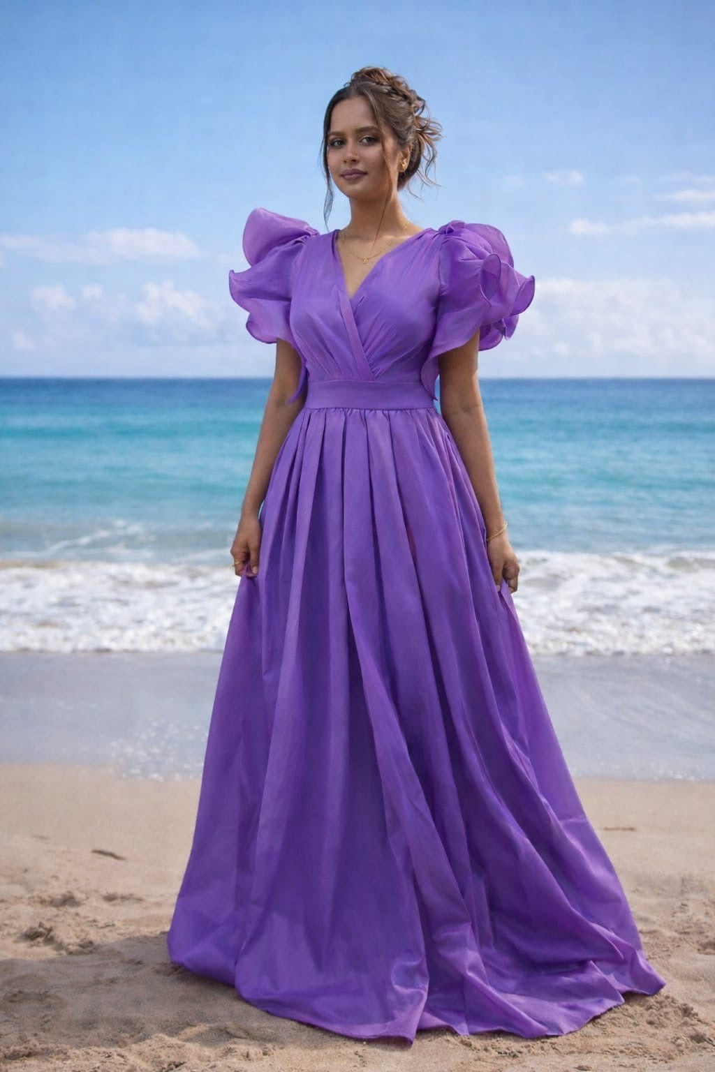 Seraphina Ruffled Puff Sleeve V-Neck Maxi Dress – Elegant Beach & Evening Gown
